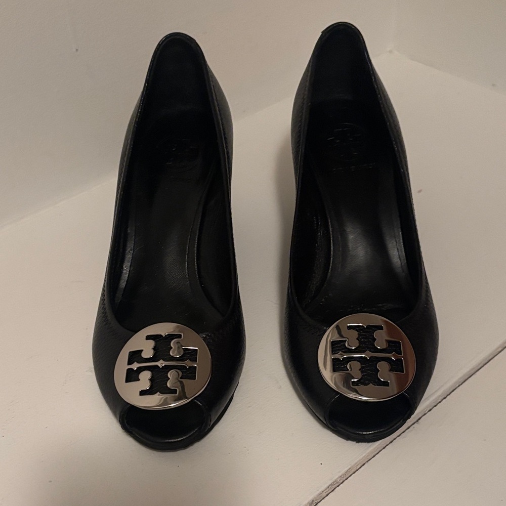 Tory Burch Black Heels with Silver Logo